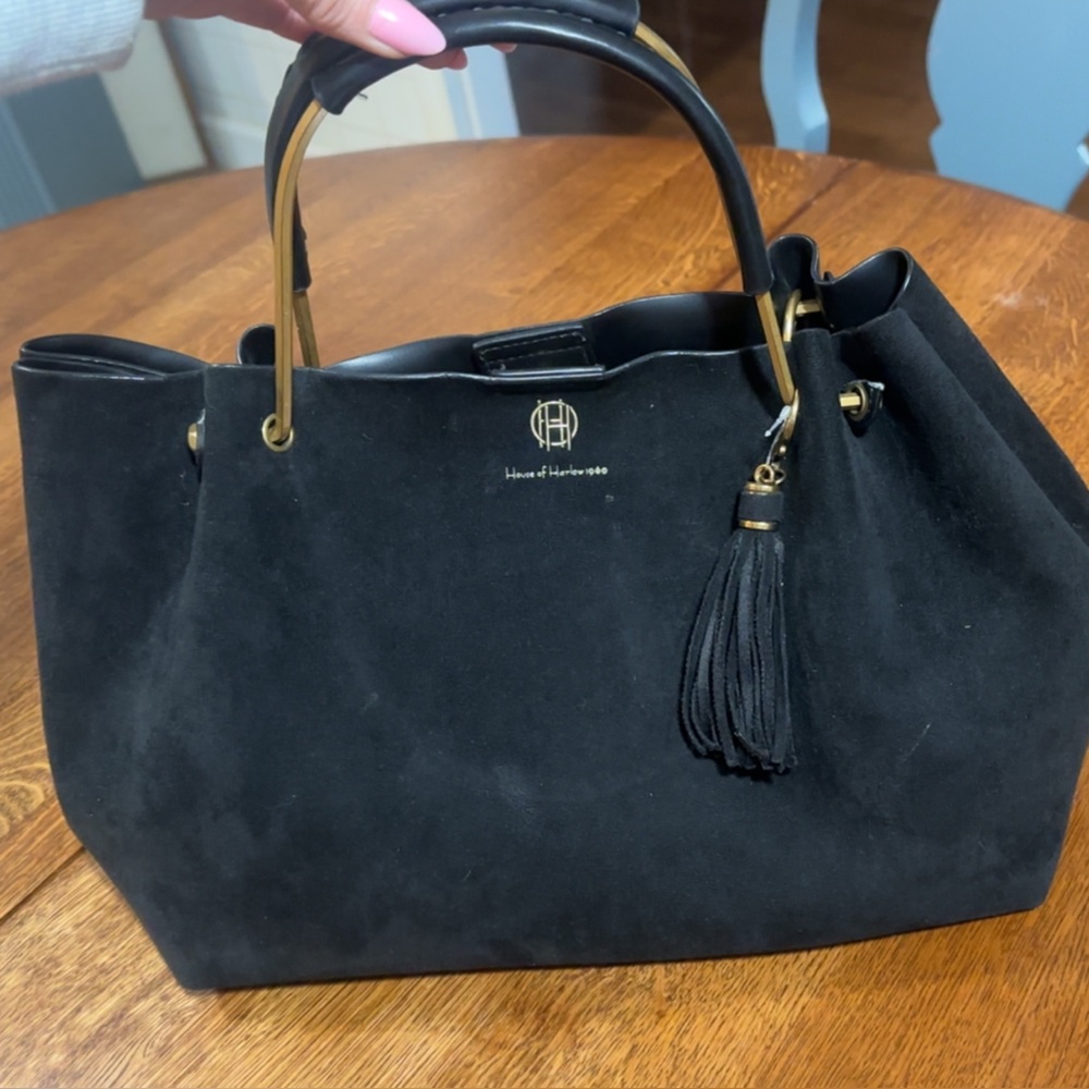 Gorgeous House of Harlow 1960 Black Suede Leather Bag with Gold Handles
